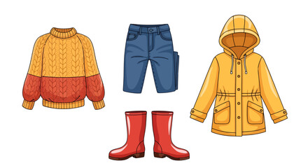 Illustrative fashion apparel set: a knitted sweater, denim jeans, a raincoat, and boots ensemble