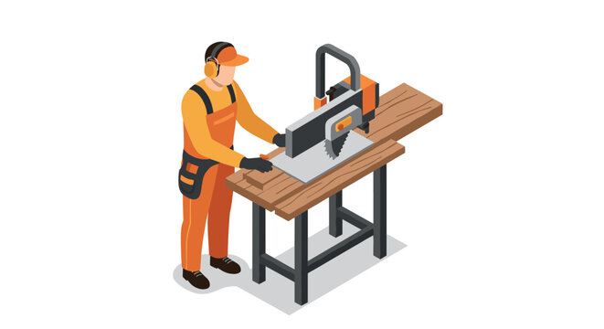 Worker operating circular saw at workbench in isometric style