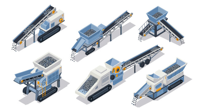 Industrial machinery set with detailed isometric construction equipment on white background
