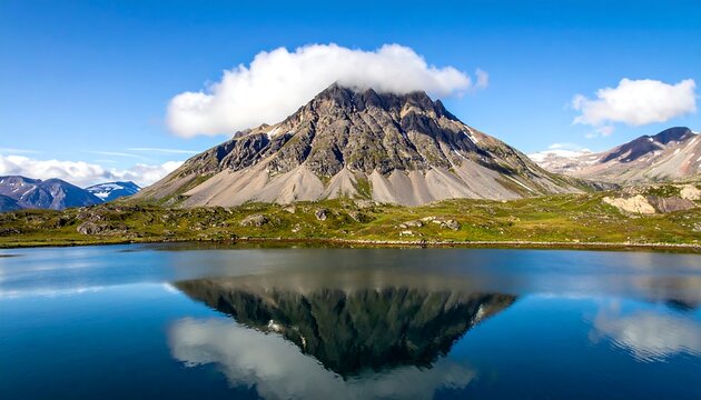 Mountain peak reflecting in serene lake under blue sky, partial cloud cover, grassy terrain