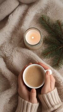 Acogedora escena matutina con una taza de caf&eacute; caliente en las manos, un su&eacute;ter beige, una vela y una ramita de pino sobre una cama suave