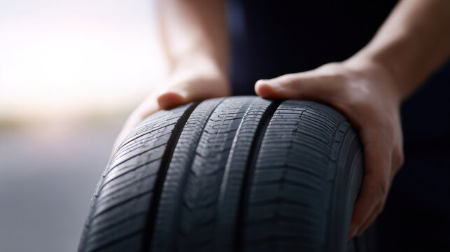 Person hands holding and rotating black car tire with detailed tread pattern in soft natural light