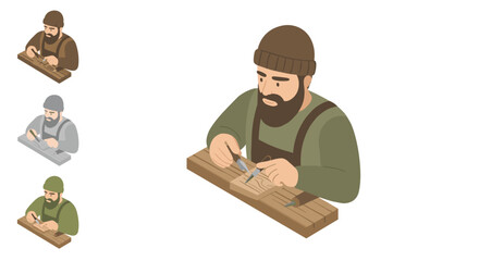 Isometric woodworker carving wood with chisel and hammer