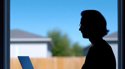 Person silhouette working on laptop near window with blurred outdoor background in daylight