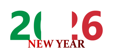Happy New Year 2016 graphic design with the colors of the Italian flag on a white background.