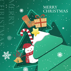 Colorful flat illustration of layered Christmas trees decorated with festive elements such as a snowman, candy cane, gift box, stocking, golden bells, and snowflakes.