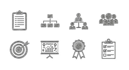Hand drawn business icons set featuring charts, targets, and team structures