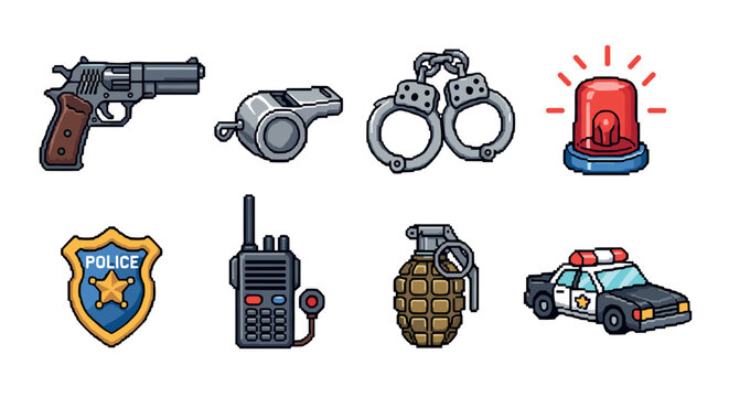 Pixel art police equipment icons: whistle, handcuffs, radio, patrol car