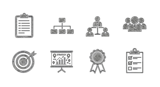 Hand drawn business icons set featuring charts, targets, and team structures