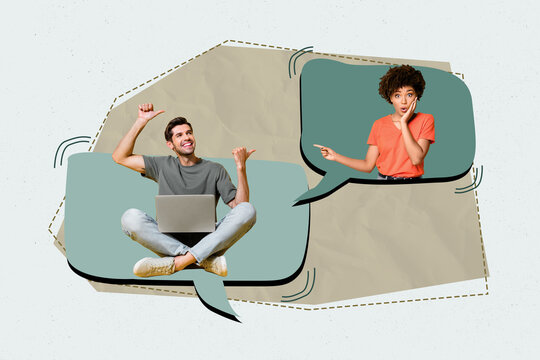 Trendy art creative full zine photo collage of happy girl guy stand bubble communication chat notification dialogue talk