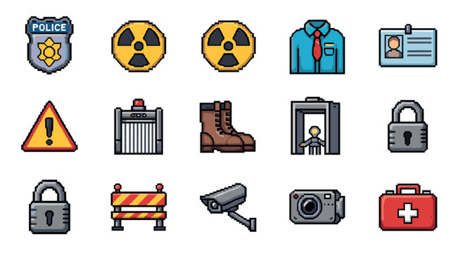 Pixel art security icons set: surveillance, safety, and access control elements