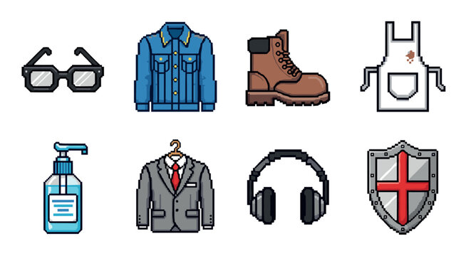 Retro pixel art: diverse objects collection with clothing and accessories