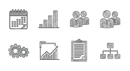 Hand-drawn business icons set: calendar, chart, team, gears, folder, clipboard, hierarchy