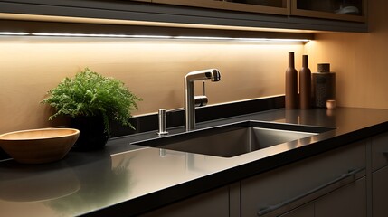 Modern kitchen sink with stylish faucet, wooden bowl, and green plant create a sophisticated, inviting cooking space perfect for lifestyle blogs