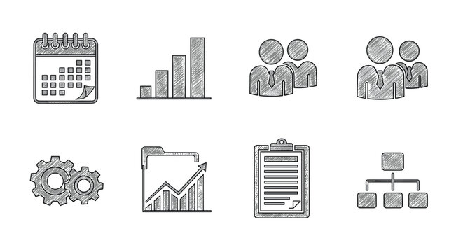 Hand-drawn business icons set: calendar, chart, team, gears, folder, clipboard, hierarchy