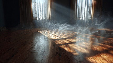 Sunlight streaming through a window illuminating a dusty room, creating an ethereal atmosphere with shadows and light