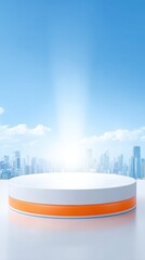 Minimalist stage in sky setting. Product display podium with bright sky and cityscape backdrop.