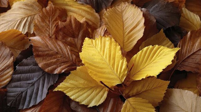 Pile of autumn leaves in shades of yellow brown and dark brown Veins visible on surface