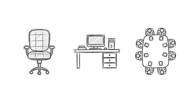 Sketch style office furniture and equipment with chair, desk, and meeting table