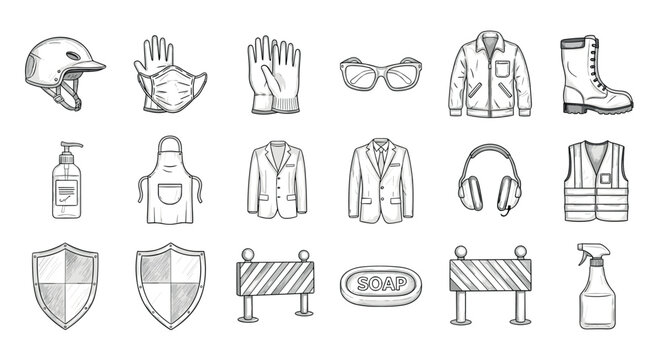 Hand-drawn sketches of safety equipment and protective clothing