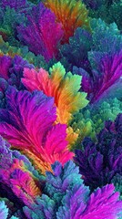 An vibrant display of fractal patterns mimics foliage, with hues ranging from pink to blue-green.