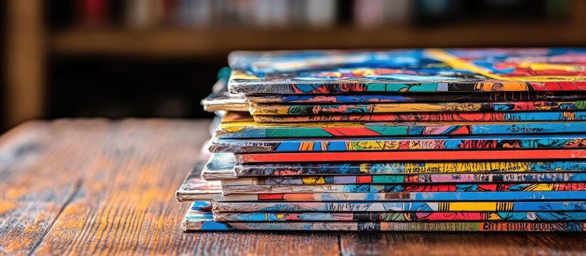 Stack of Vintage Comic Books on Rustic Wooden Table, Close-Up View