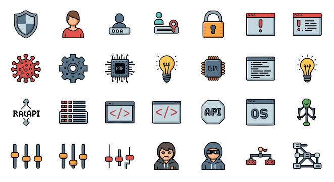 Cybersecurity and technology icons with flat pixel art style featuring diverse tech themes