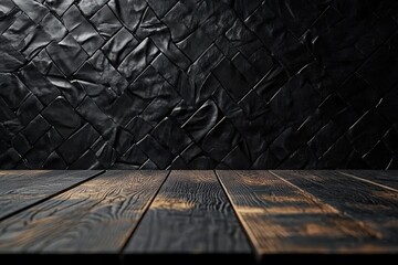 A 3D-rendered dark room with an abstract black wall serves as background for an empty wooden table in a stock photo