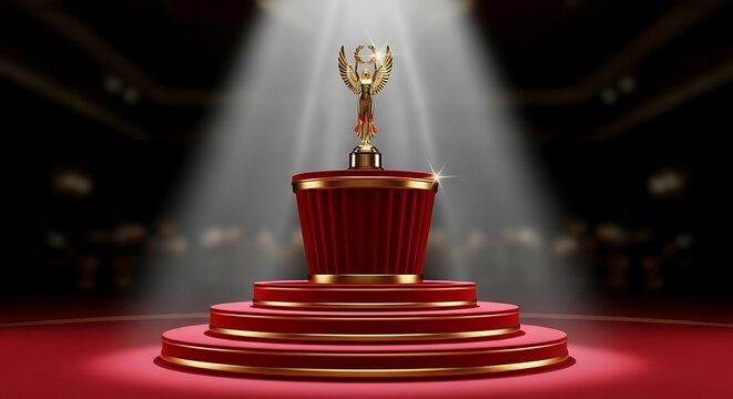 Golden trophy on red stage with spotlight symbol of victory success and achievement
