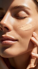 Woman applying cosmetic cream on face with eyes closed, enjoying the feeling of the product.