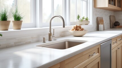 Bright, inviting kitchen with gleaming countertops and stainless steel fixtures inspires a clean and modern lifestyle for cooking and entertaining