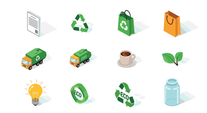 Eco-friendly isometric icons set with recycling symbols, green transportation, and sustainable lifestyle elements