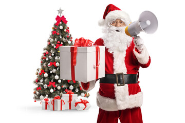 Santa claus holding a present and announcing news with a megaphone in front of a Christmas tree