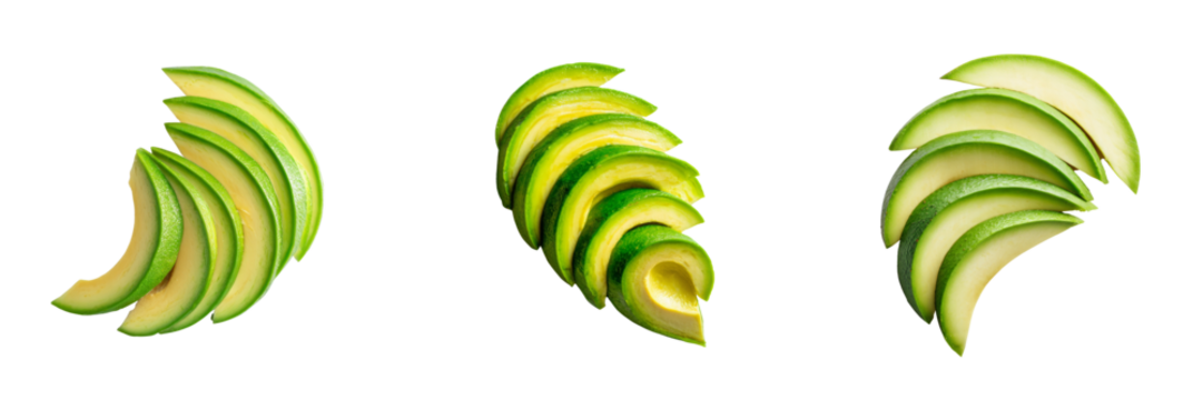 Freshly sliced avocado segments on a transparent background creative food photography