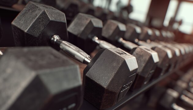 Serious Bodybuilding: A Collection Of Heavy Hex Dumbbells For Workout And Pyramid Training At A Gym Or Fitness Club
