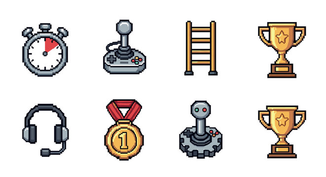 Retro gaming icons set featuring pixel art trophies, medals, and controllers