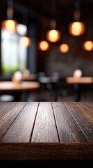 Rustic wooden table surface, blurred restaurant background, ambient lighting, cozy atmosphere.