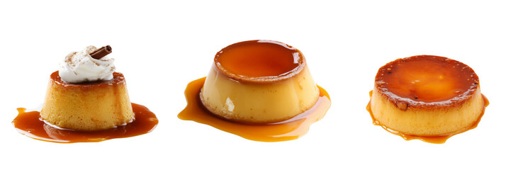 Delicious flan dessert trio on transparent background culinary art studio shot sweet treats