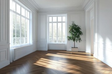 A 3D-rendered- bright and spacious living room with minimalistic design features clean white walls- wooden parquet flooring- and natural light streaming in through a sunlit window