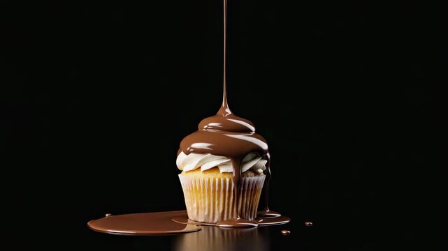 Cupcake with White Frosting Being Drizzled with Chocolate (295) image