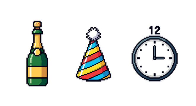 Pixel art celebration with champagne, party hat, and clock striking midnight
