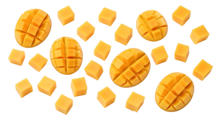 Vibrant tropical mango halves and juicy yellow fruit cubes delicious exotic summer treat sweet healthy organic snack ingredient fresh ripe vitamin rich dessert bright tasty nutritious wholesome