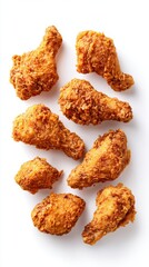 An inviting overhead shot displays an assortment of crispy, golden-brown fried chicken pieces.