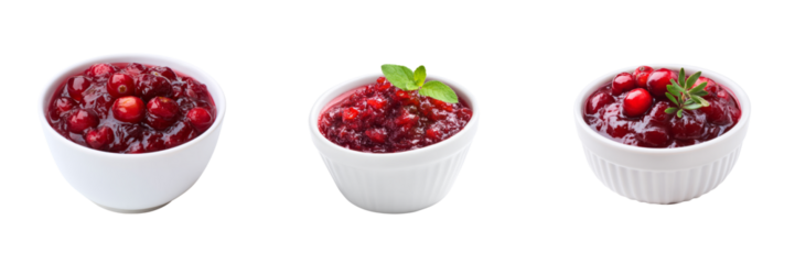 Delicious homemade cranberry sauce in white bowls on transparent background food photography