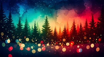 Abstract forest landscape with colorful lights and atmospheric sky