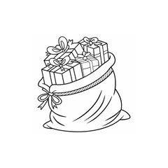 A full bag of wrapped presents tied with ribbons silhouette