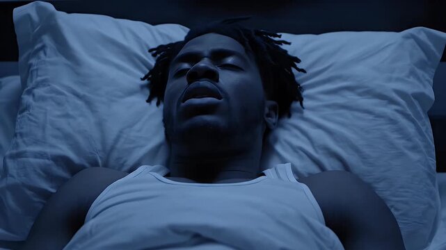 A person lies awake in bed during the night, visibly struggling with restlessness and discomfort in a dimly lit bedroom. The individual shifts uneasily, eventually bringing a hand to their forehead in