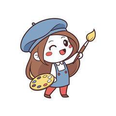 Cute cartoon artist girl with beret holding paintbrush and palette silhouette