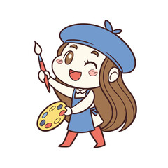 Cute cartoon artist girl with beret holding paintbrush and palette silhouette