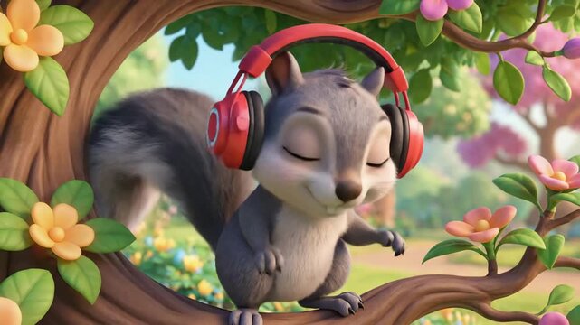Cartoon squirrel listening to music outdoors on a tree branch